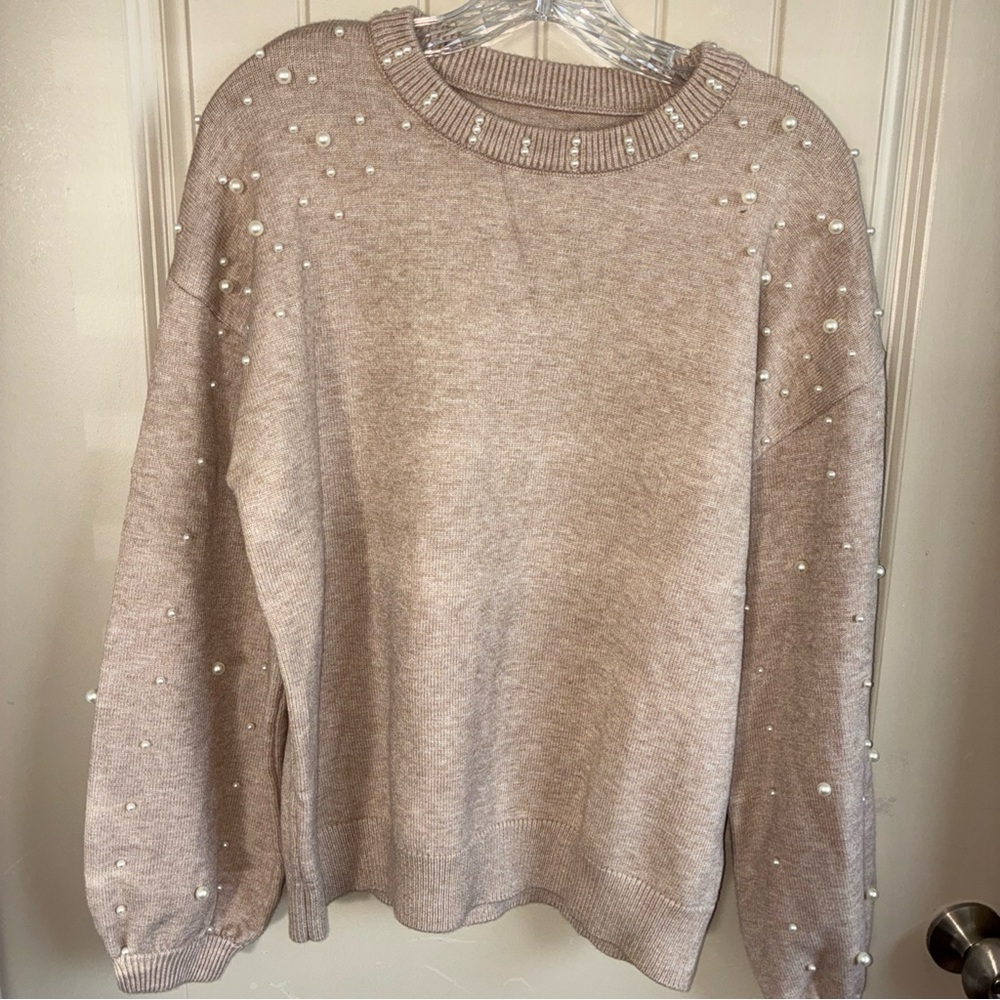 Elegant Pearl-Embellished Sweater - Beige